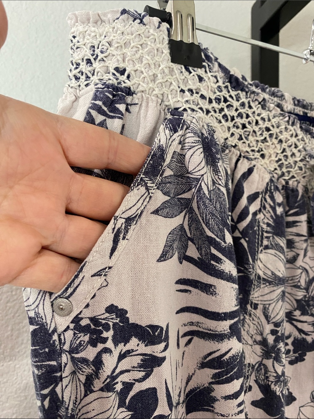 Linen and Rayon Navy Floral Beachy Smocked Waist Wide-Leg  pants - Picture 6 of 11